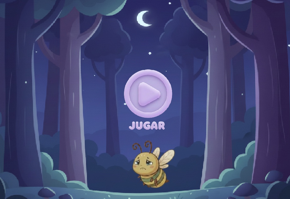 Pantalla de inicio del juego, con Lumi triste por haber perdido su luz y el botón JUGAR