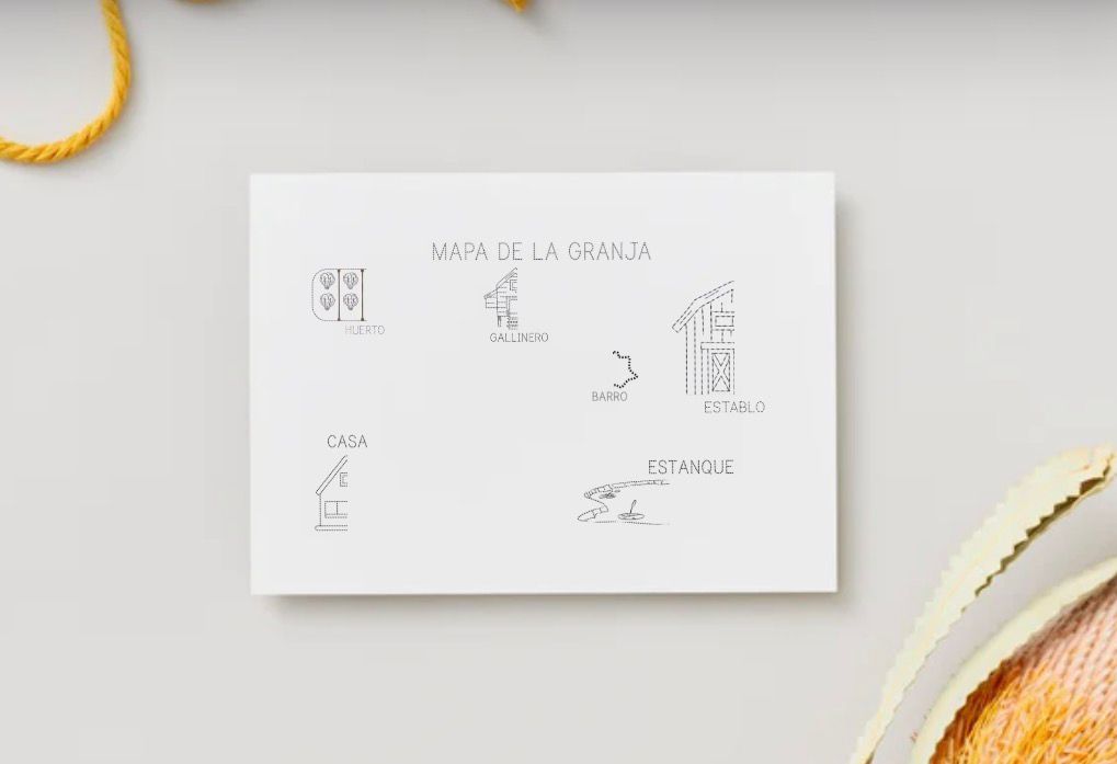 Mapa de la granja sin colorear, con la casa, el huerto, el gallinero, el establo y el estanque
