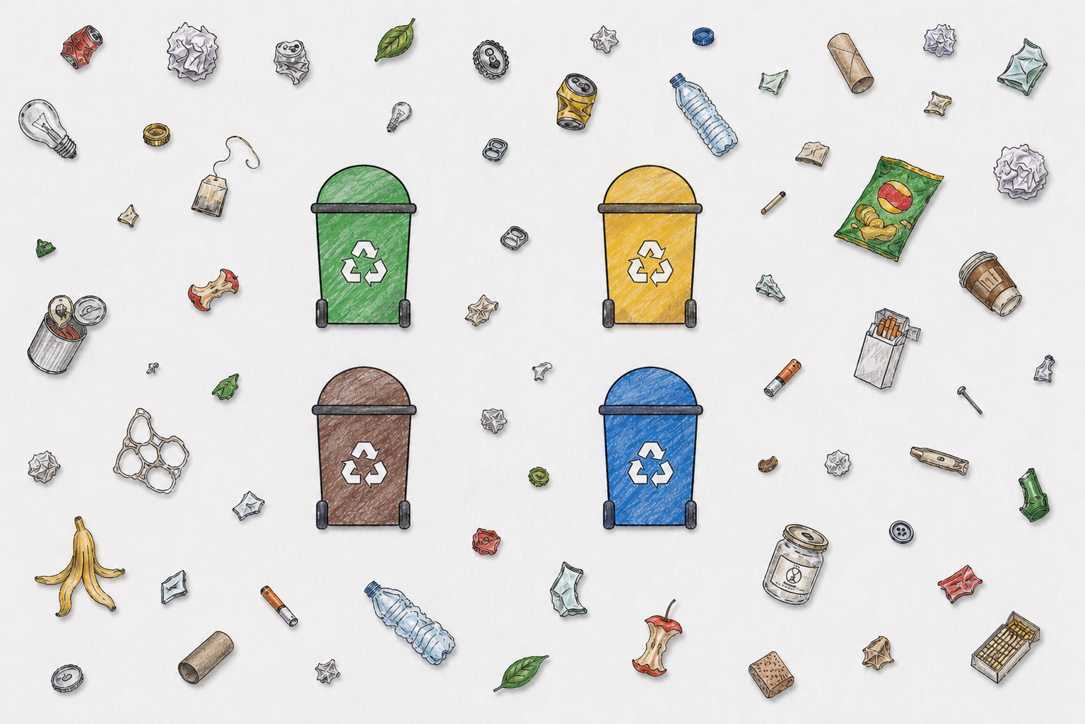 Ilustraciones de los cuatro contenedores y los residuos